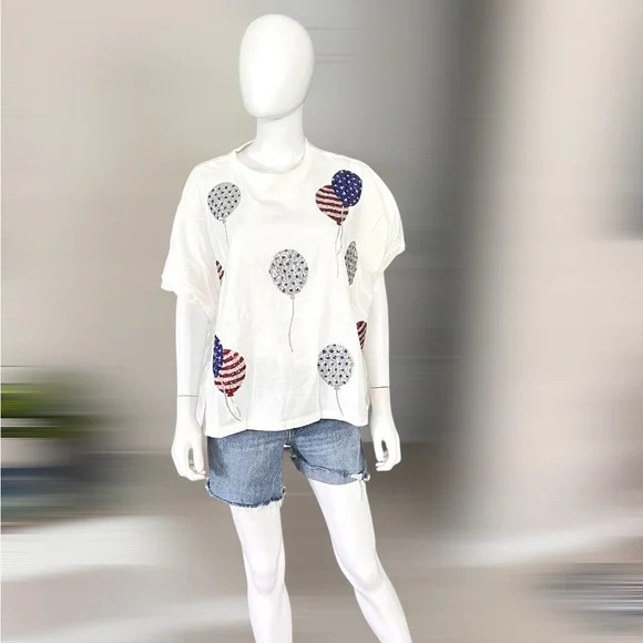 PEACH LOVE CALIFORNIA patriotic sequin balloons oversized tee S M L - Picture 5 of 9